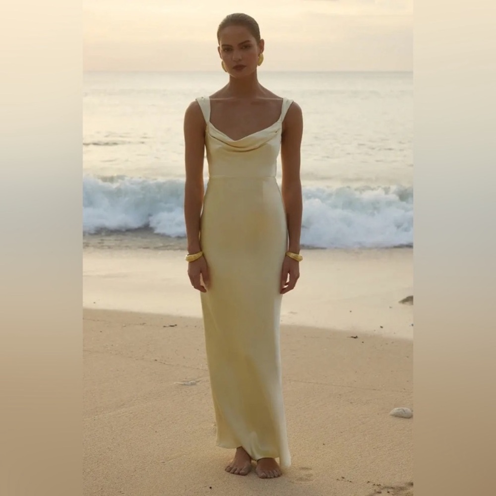 NWT RUNAWAY MARGOT cowel neck satin
yellow MAXI DRESS LEMON Sz Small formal